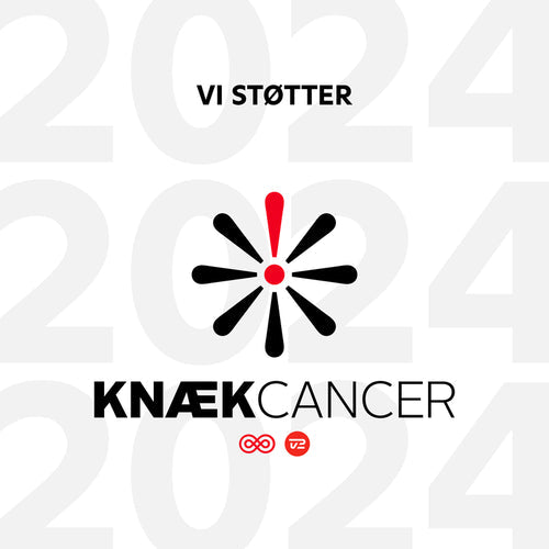 Grafik med teksten Vi Støtter Knæk Cancer 2024 og kampagnens logo.