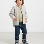 Children wearing dark brown striped thermal jackets.