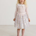 silver-colored sequin skirt with elastic waistband and wide A-line shape