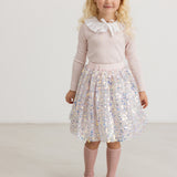 silver-colored sequin skirt with elastic waistband and wide A-line shape