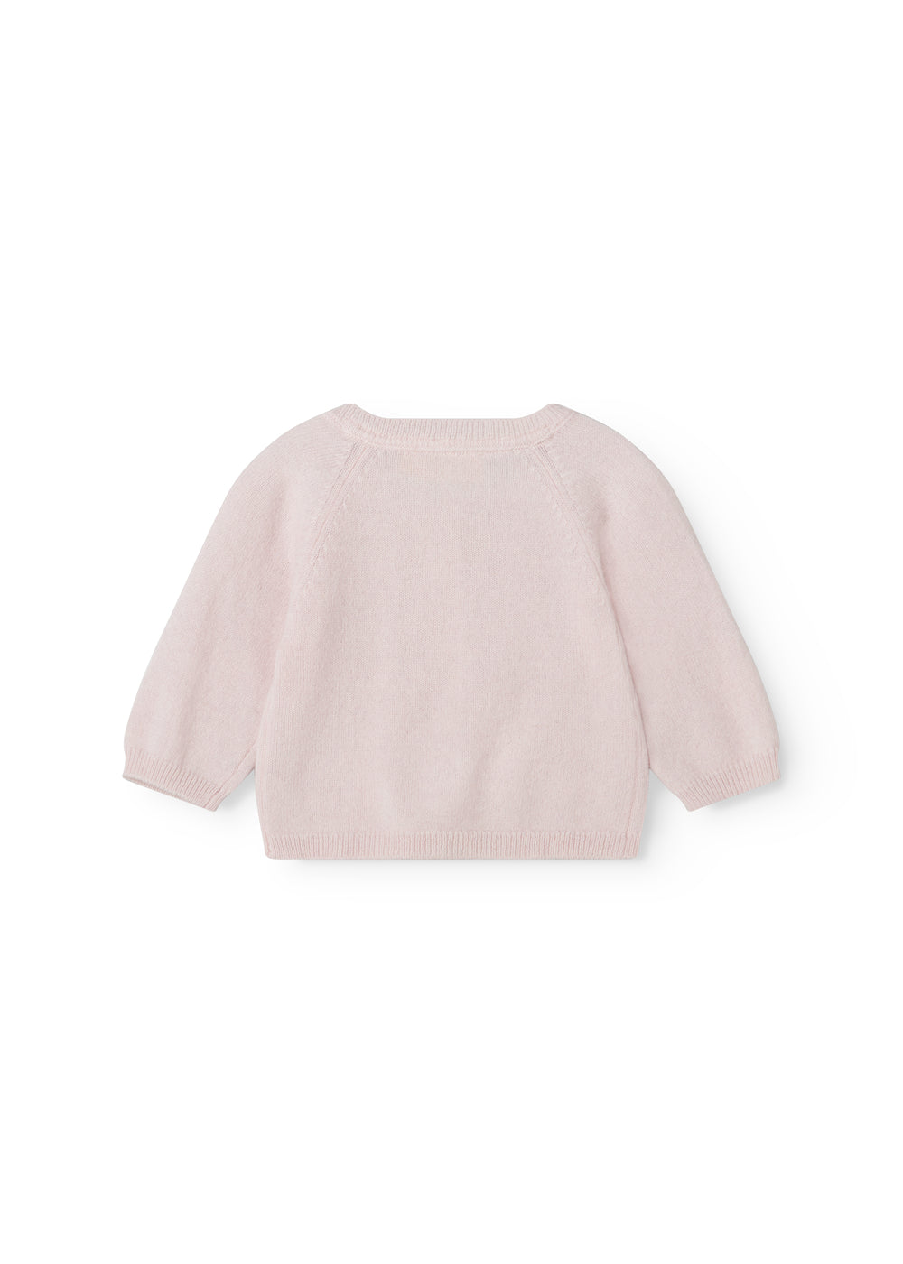 Pink knitted cardigan for baby with round neckline and ribbed hem.