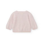 Pink knitted cardigan for baby with round neckline and ribbed hem.