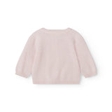 Pink knitted cardigan for baby with round neckline and ribbed hem.