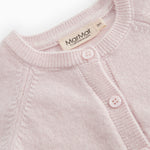 Pink Kashmir cardigan with ribbed edge, button closure, and MarMar Copenhagen label at the collar.