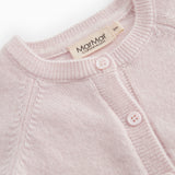 Pink Kashmir cardigan with ribbed edge, button closure, and MarMar Copenhagen label at the collar.