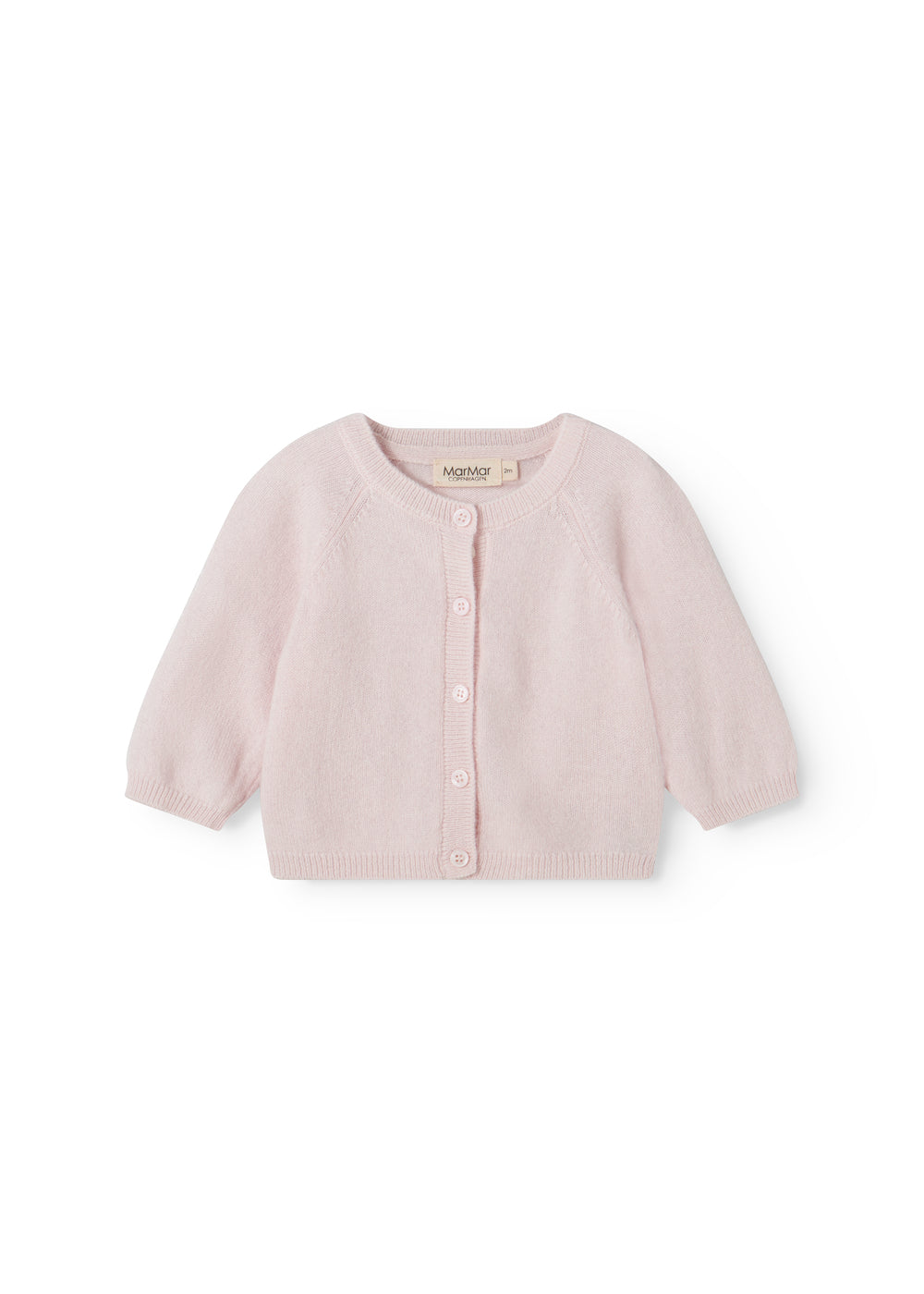 Pink knitted cardigan for baby with snap closure and ribbed edges on the sleeves.