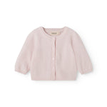 Pink knitted cardigan for baby with snap closure and ribbed edges on the sleeves.