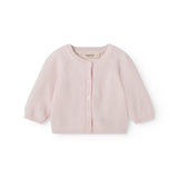 Pink knitted cardigan for baby with snap closure and ribbed edges on the sleeves.