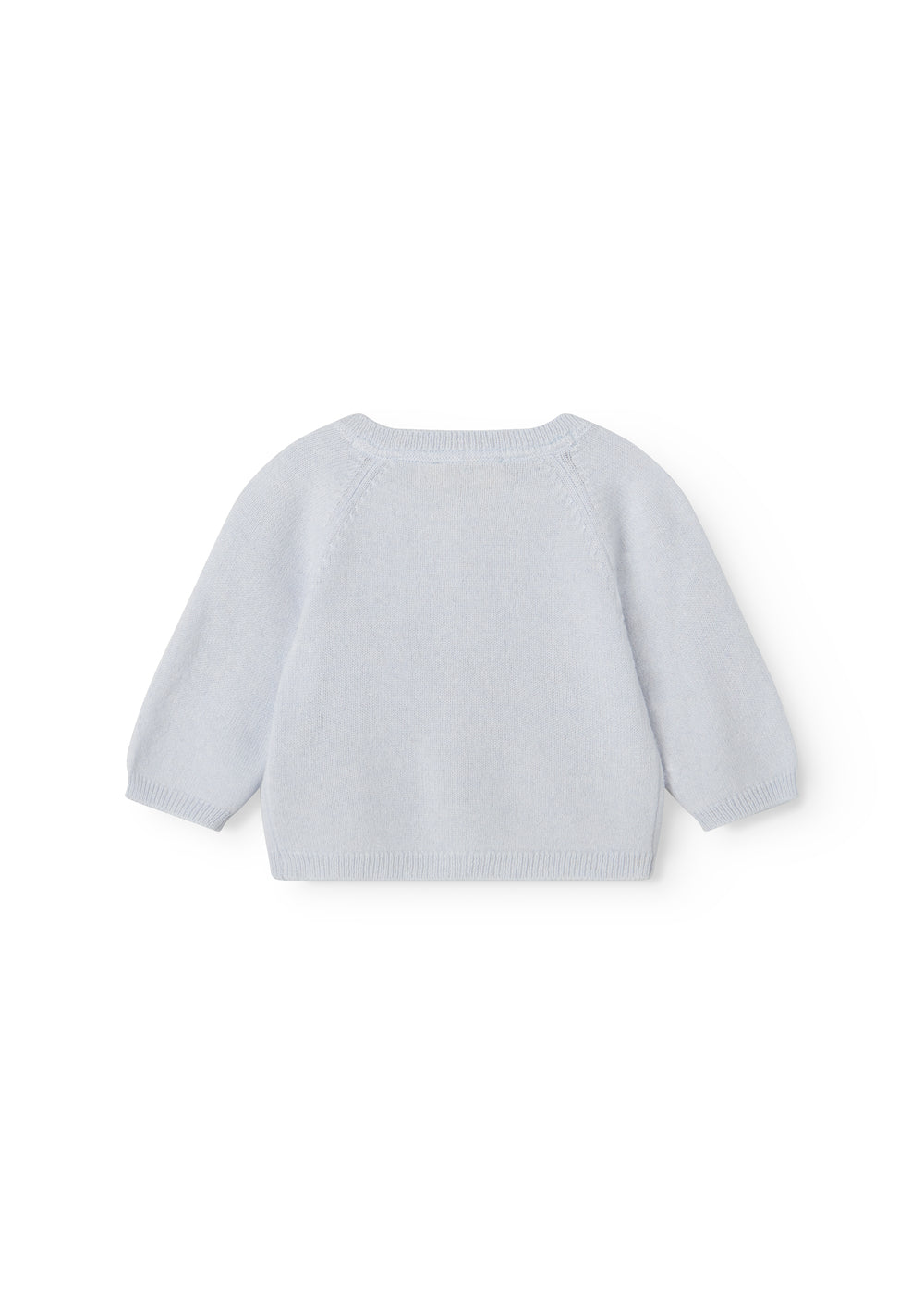 Light blue cardigan with ribbed collar and hem, and long sleeves.