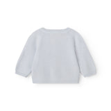 Light blue cardigan with ribbed collar and hem, and long sleeves.