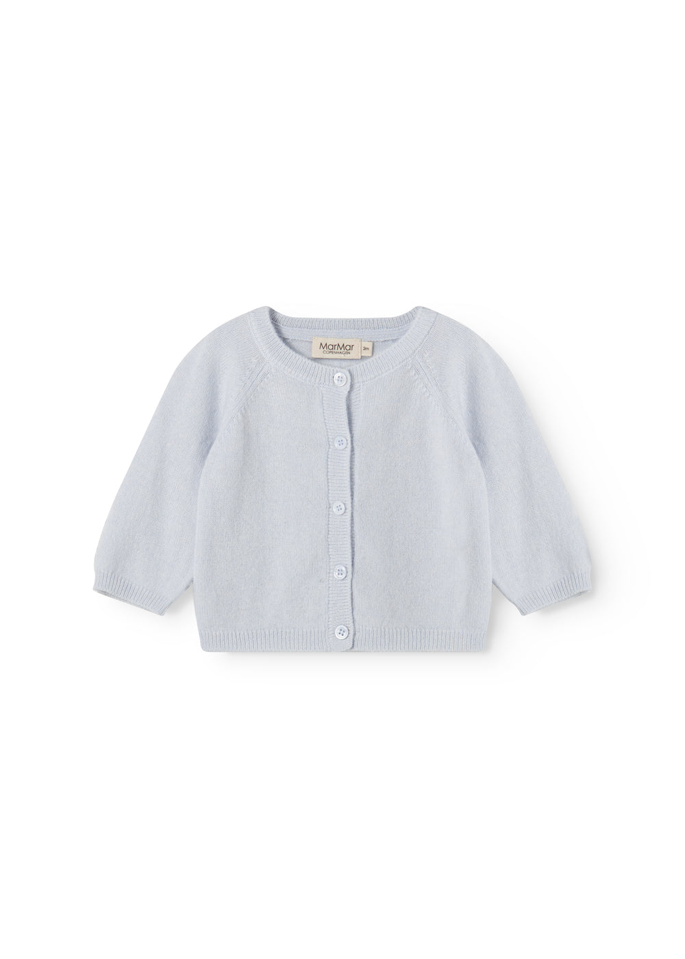 Light blue cardigan with button closure in front and round neckline for baby