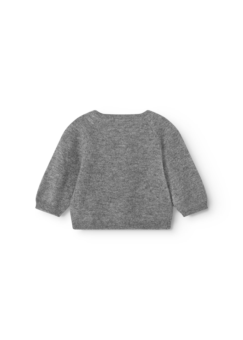 Gray mixed cashmere cardigan with long sleeves and a round neckline.