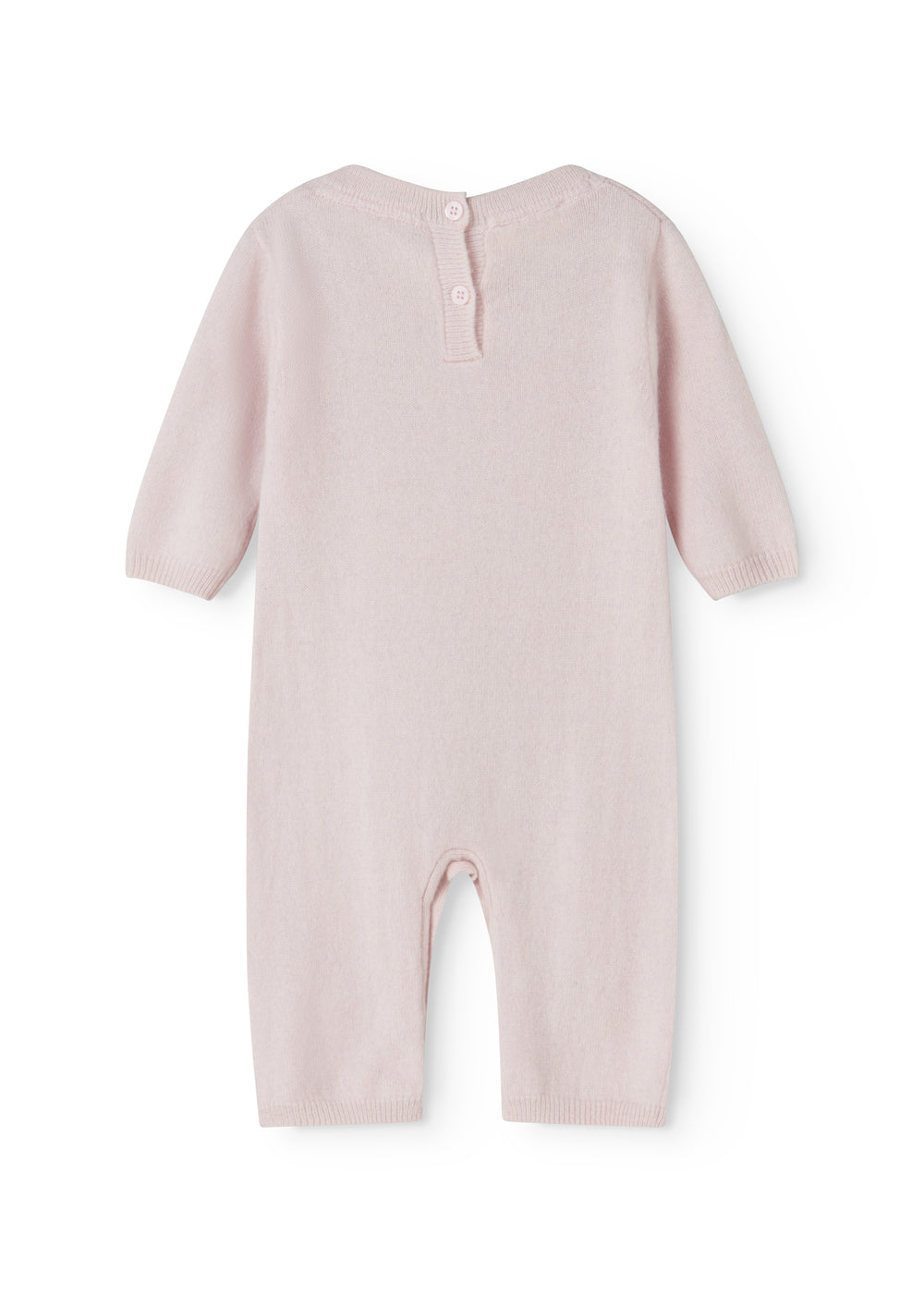 Pink cashmere blend suit with button closure at the neck and long trousers.