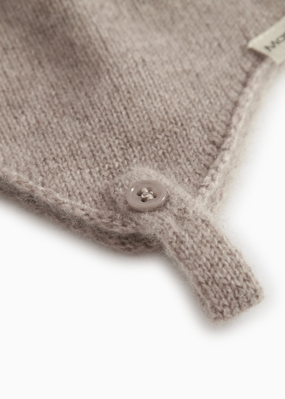 Babyhue with snap closure and drawstring, knit in light brown