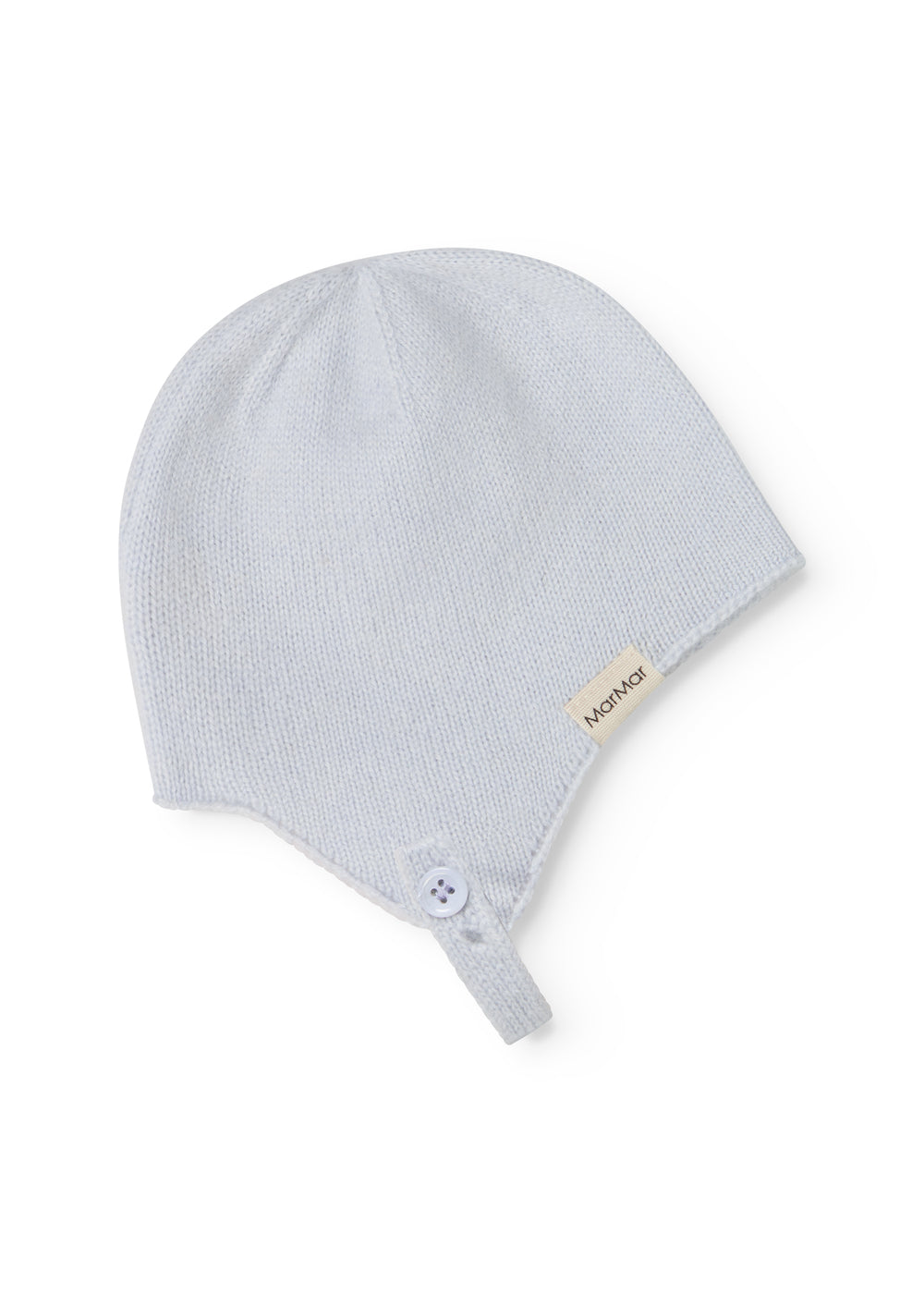 Light blue baby hat in knit with MarMar brand and button on strap.