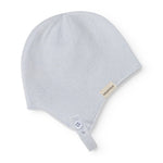 Light blue baby hat in knit with MarMar brand and button on strap.