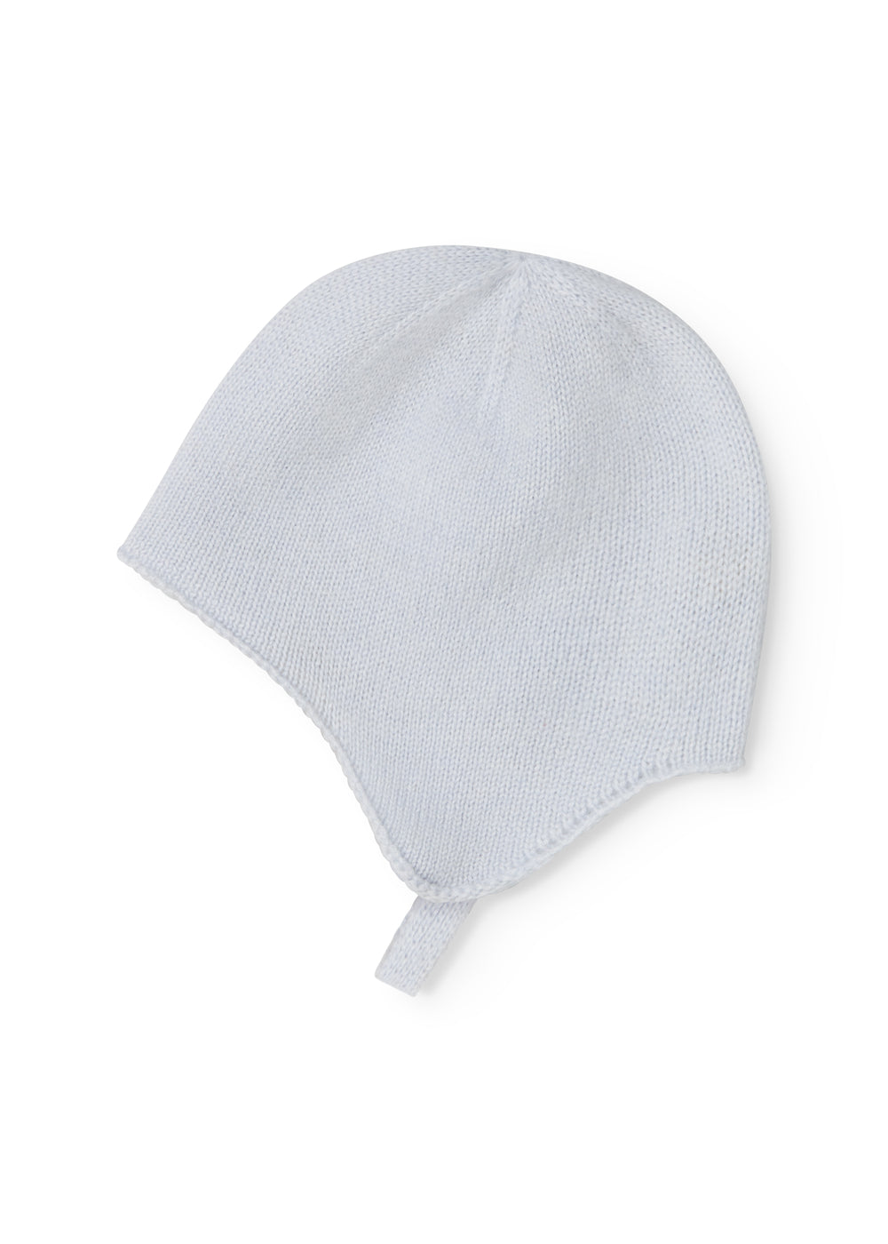 Light blue baby hat in knit with loose hanging strap.