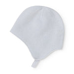 Light blue baby hat in knit with loose hanging strap.