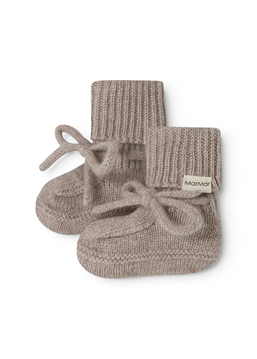 Knitted baby socks in gray-beige blend with ribbed edge and bow, sold in pairs.