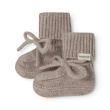 Knitted baby socks in gray-beige blend with ribbed edge and bow, sold in pairs.