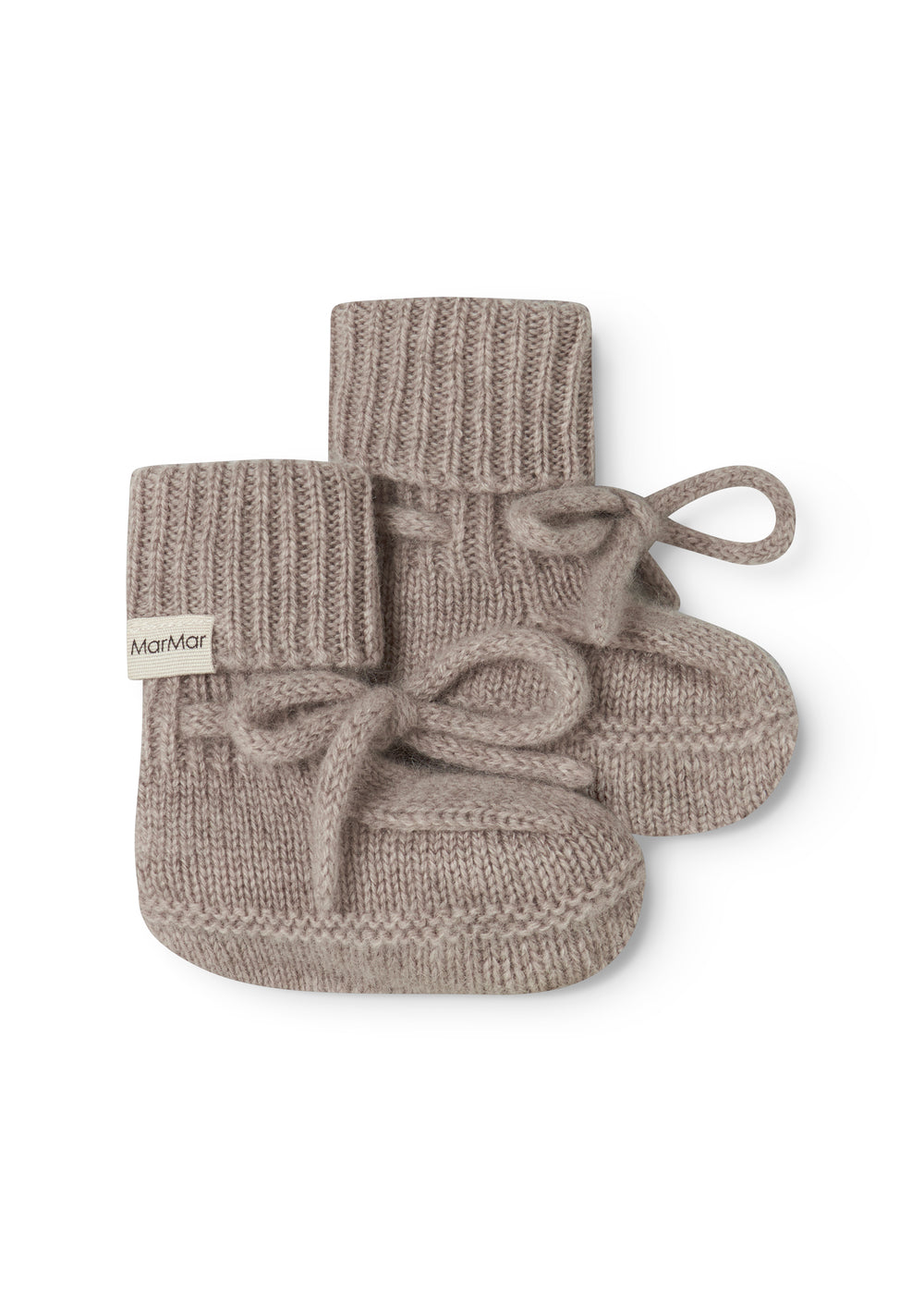 Knitted baby socks in gray-beige blend with ribbed edge and cuff detail.