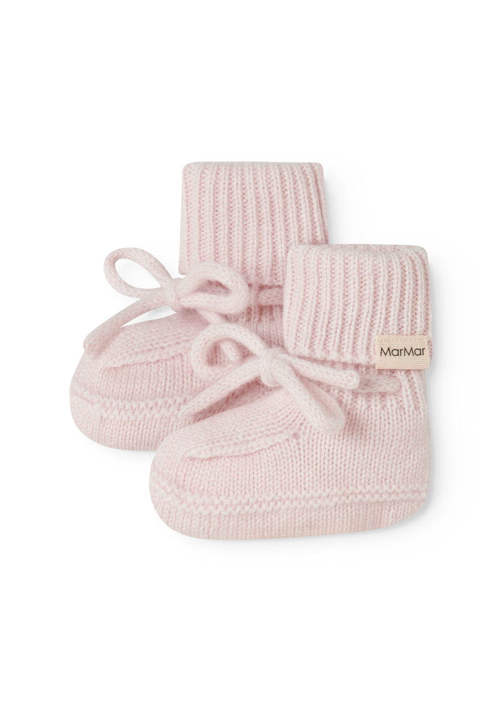 Pink crocheted baby shoes with straps; MarMar logo