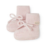 Pink crocheted baby shoes with straps; MarMar logo