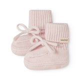Pink crocheted baby shoes with straps; MarMar logo