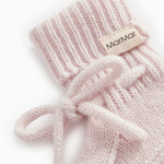 Pink knitted baby boots with rib, strap, and MarMar label