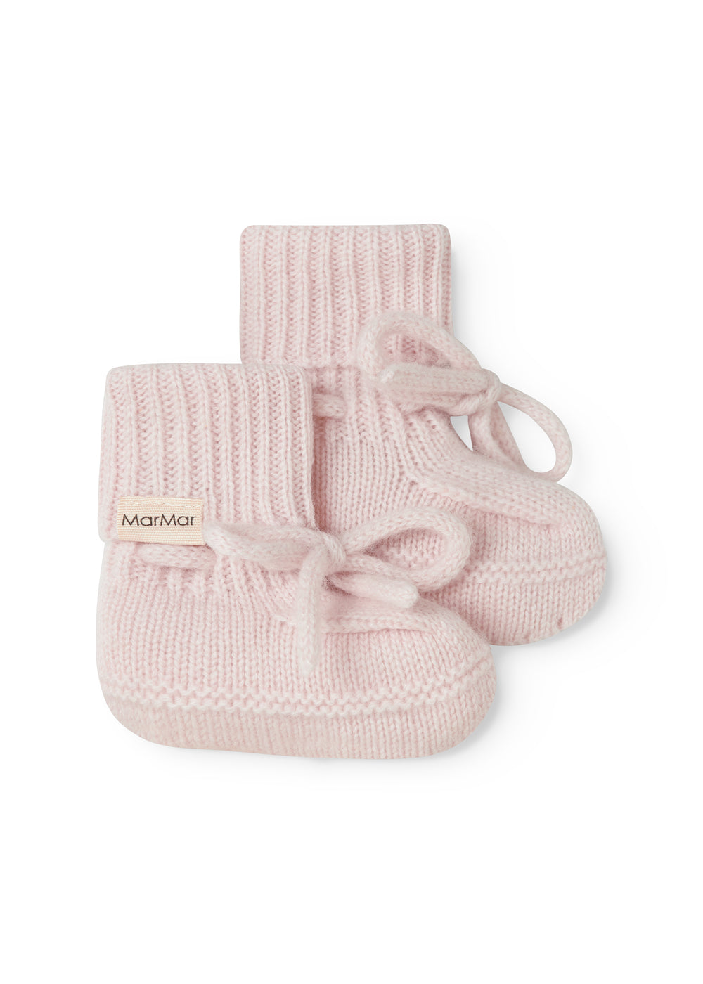 Pink knitted baby shoes with laces and rib pattern.