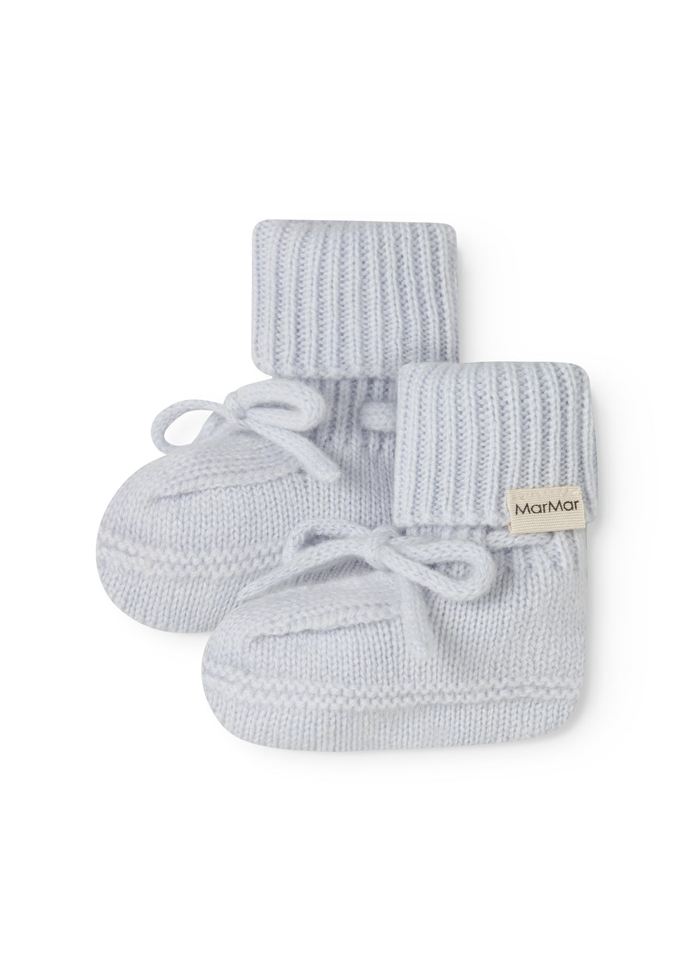 With light blue knitted baby shoes with laces and MarMar brand.