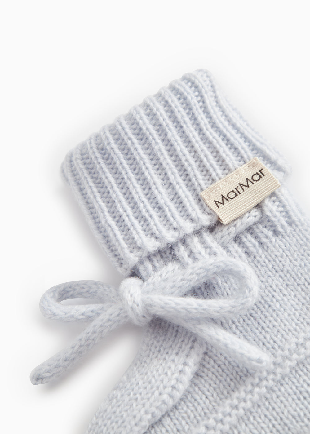 Light blue knitted baby shoe with laces and MarMar brand