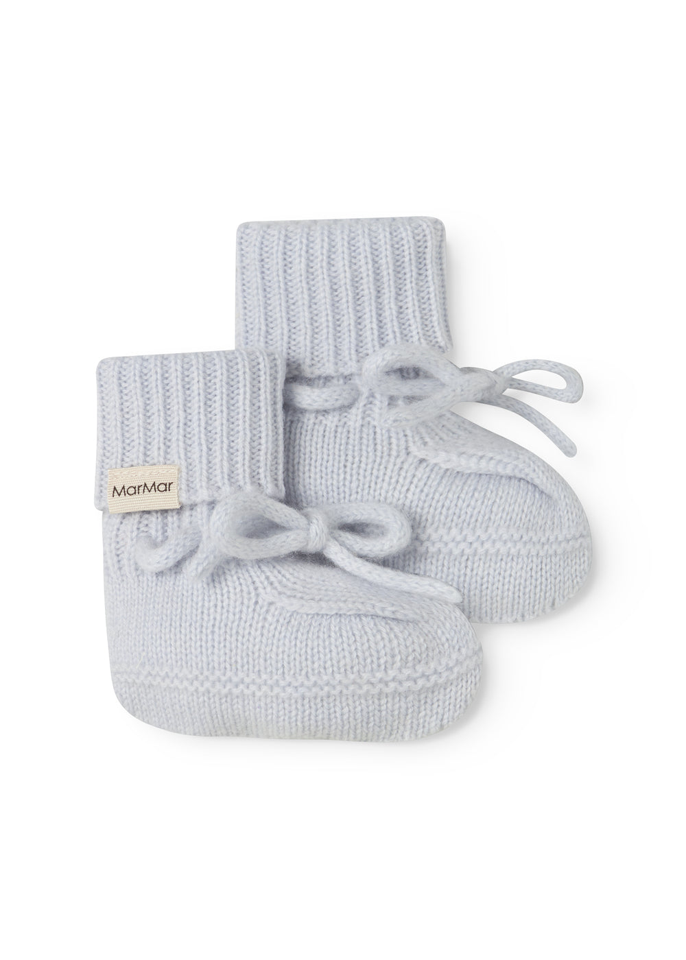 Knitted baby shoe in light blue with laces and ribbed edge