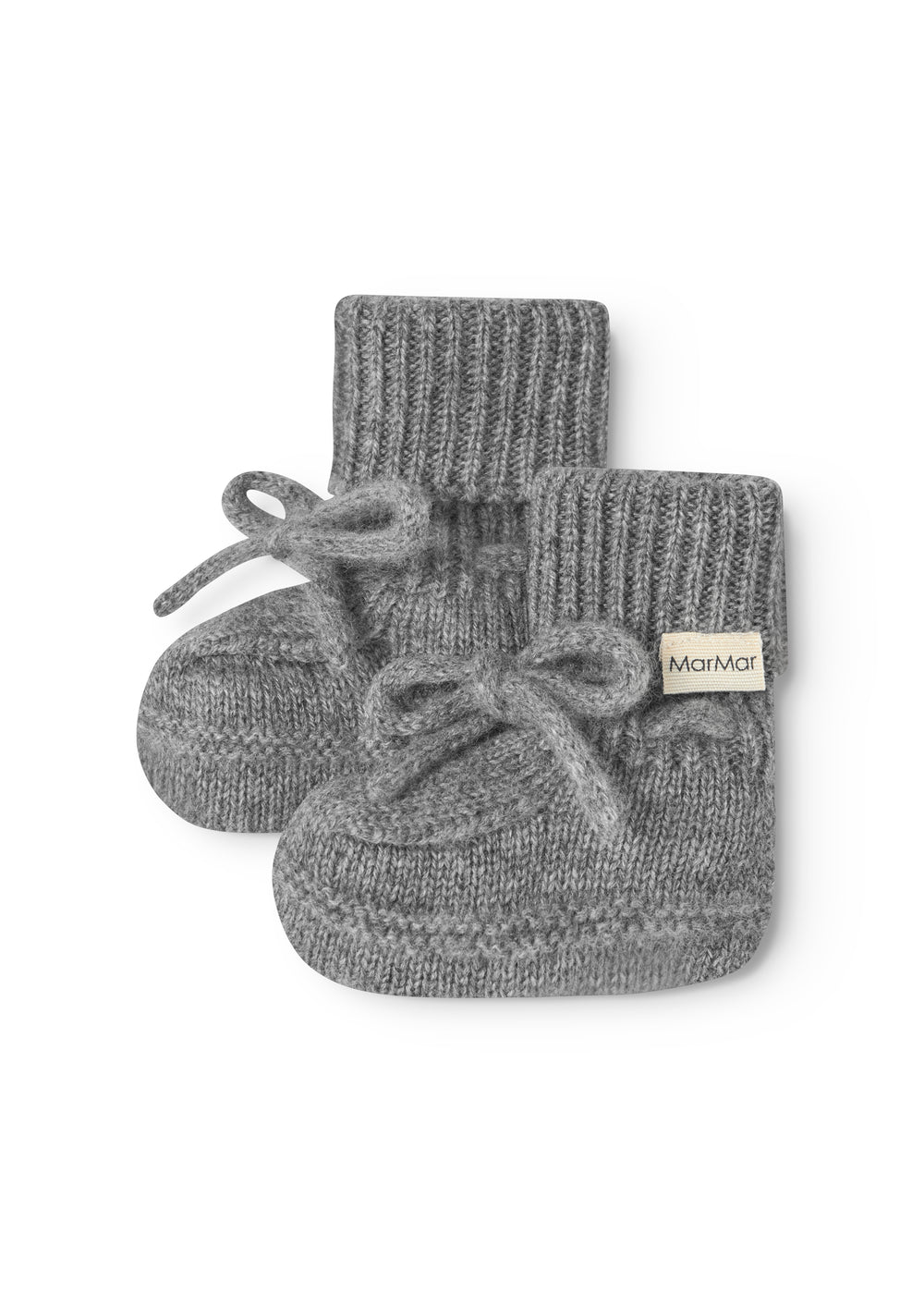 Knitted baby booties set with loops and MarMar brand on the side