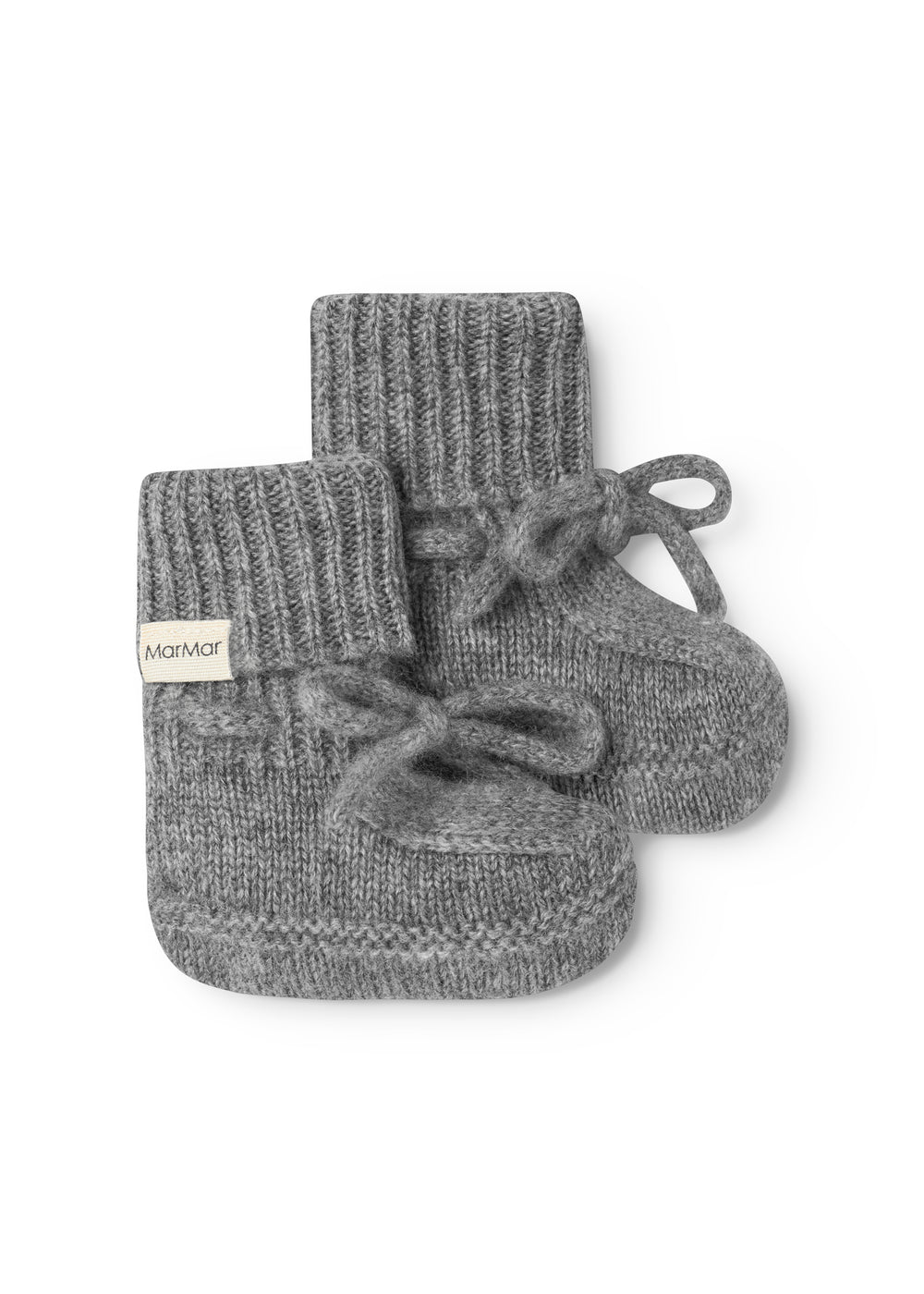 Gray knitted baby booties with ribbed edge and a front bow detail.