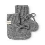 Gray knitted baby booties with ribbed edge and a front bow detail.