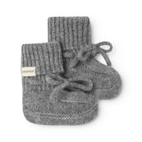 Gray knitted baby booties with ribbed edge and a front bow detail.
