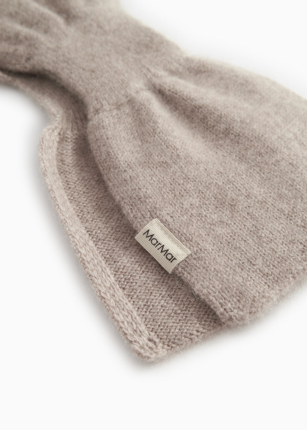 Baby scarf in alpaca blend, beige melange, MarMar logo on fabric label.
