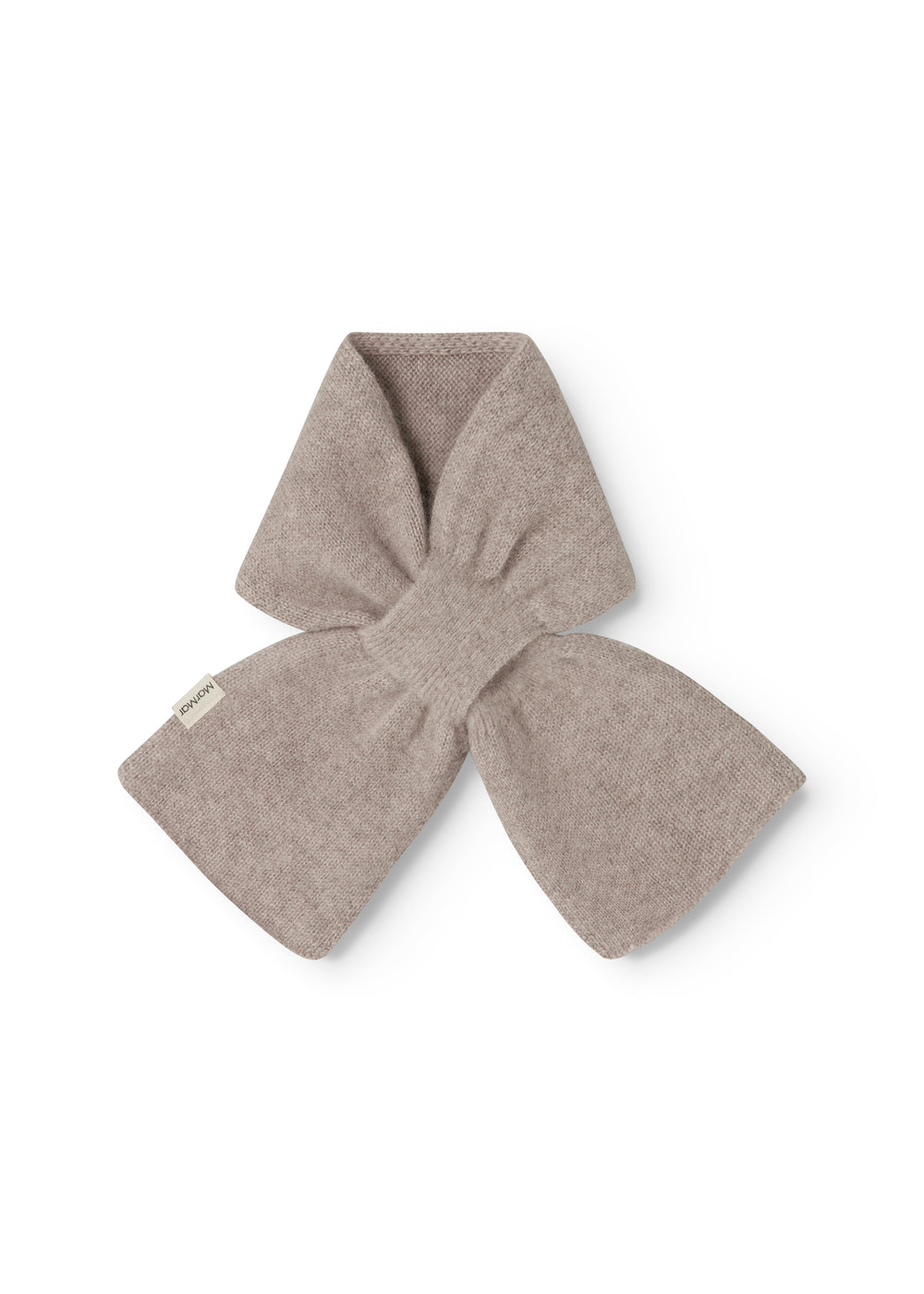 Baby scarf in alpaca blend, beige marled, knot-shaped fold.
