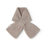Baby scarf in alpaca blend, beige marled, knot-shaped fold.