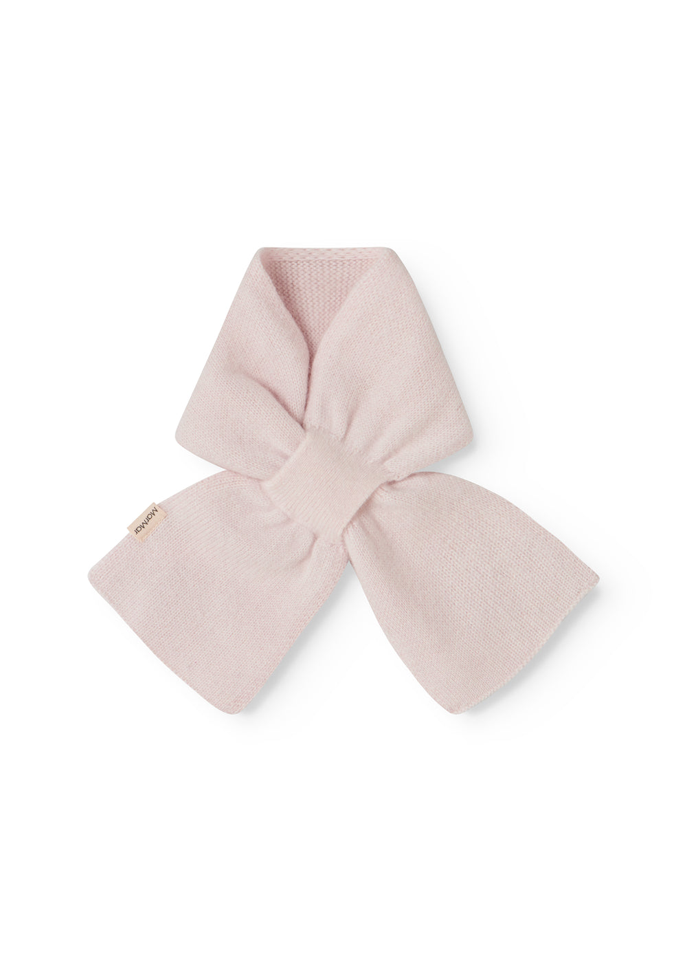 Cashmere baby blanket, pink, folded and tied as a bow.