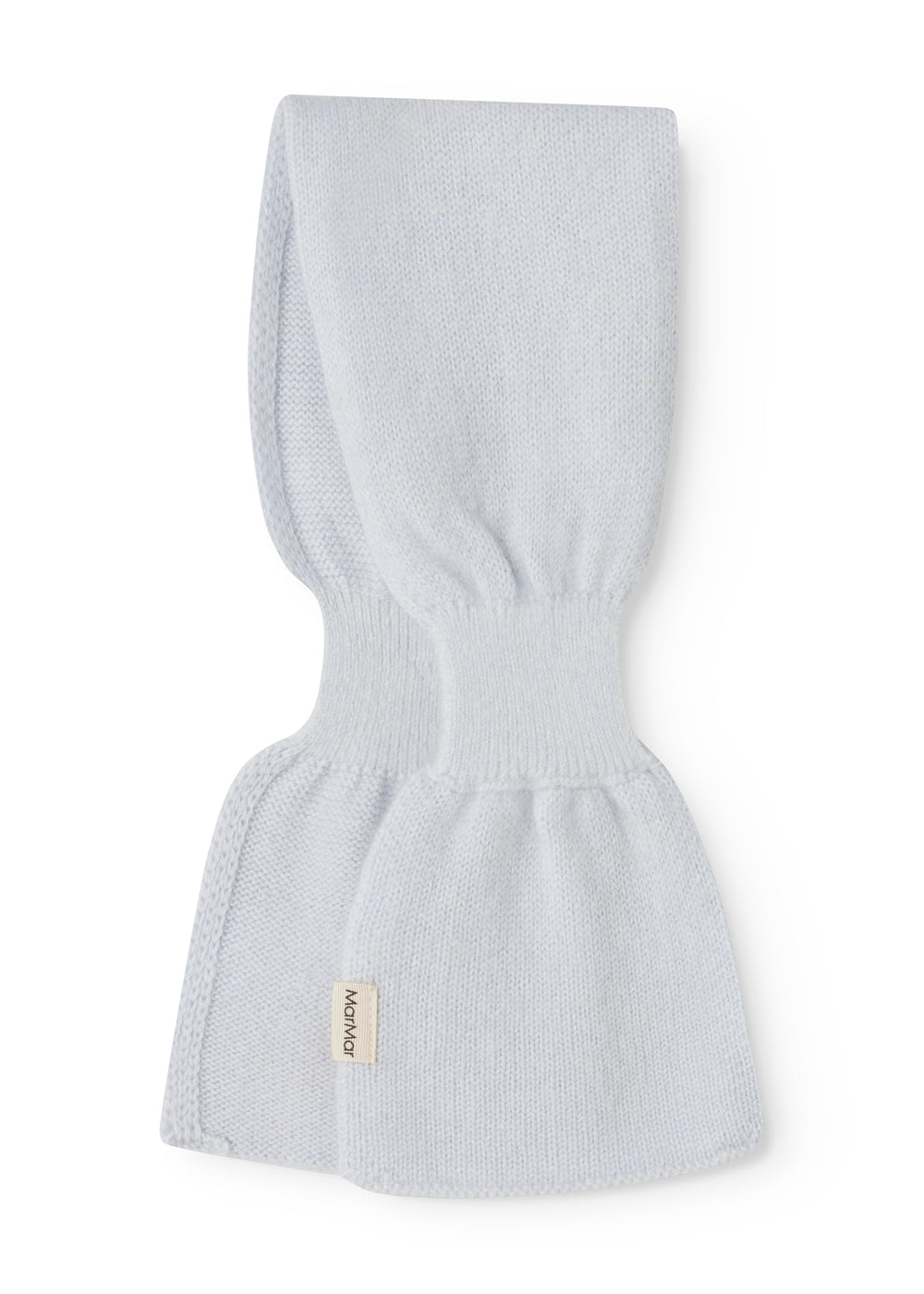 Light blue cashmere scarf for baby with fabric label, knitted and folded.