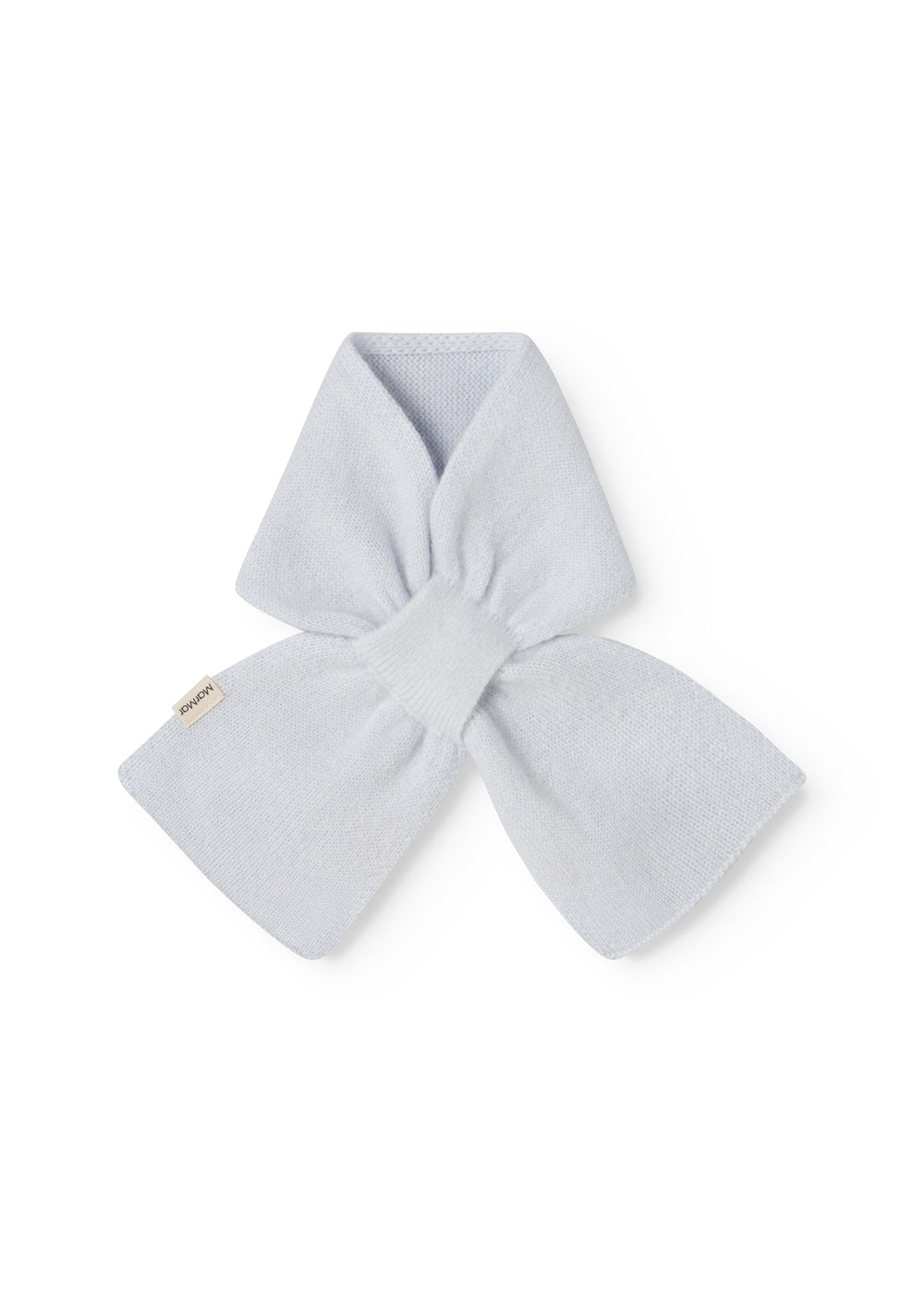 Light blue cashmere scarf for baby in bow shape with fabric label
