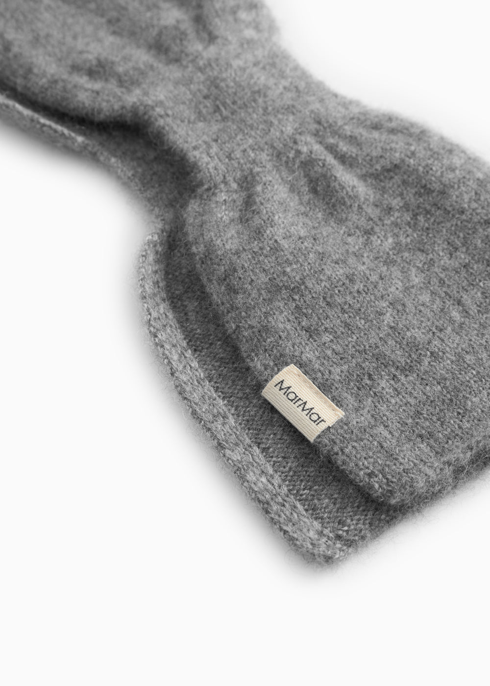 Details of gray melange cashmere scarf with text logo