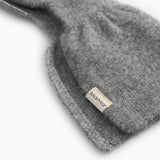 Details of gray melange cashmere scarf with text logo
