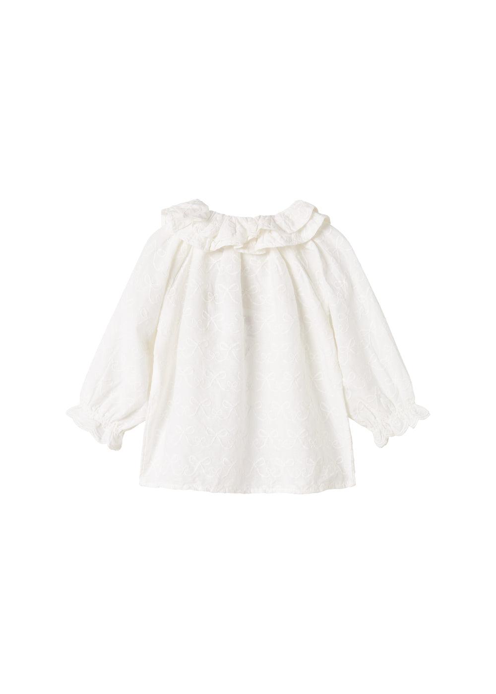 Hvid bluse til børn med flæsekant og broderet mønster