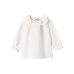 Hvid bluse til børn med flæsekant og broderet mønster