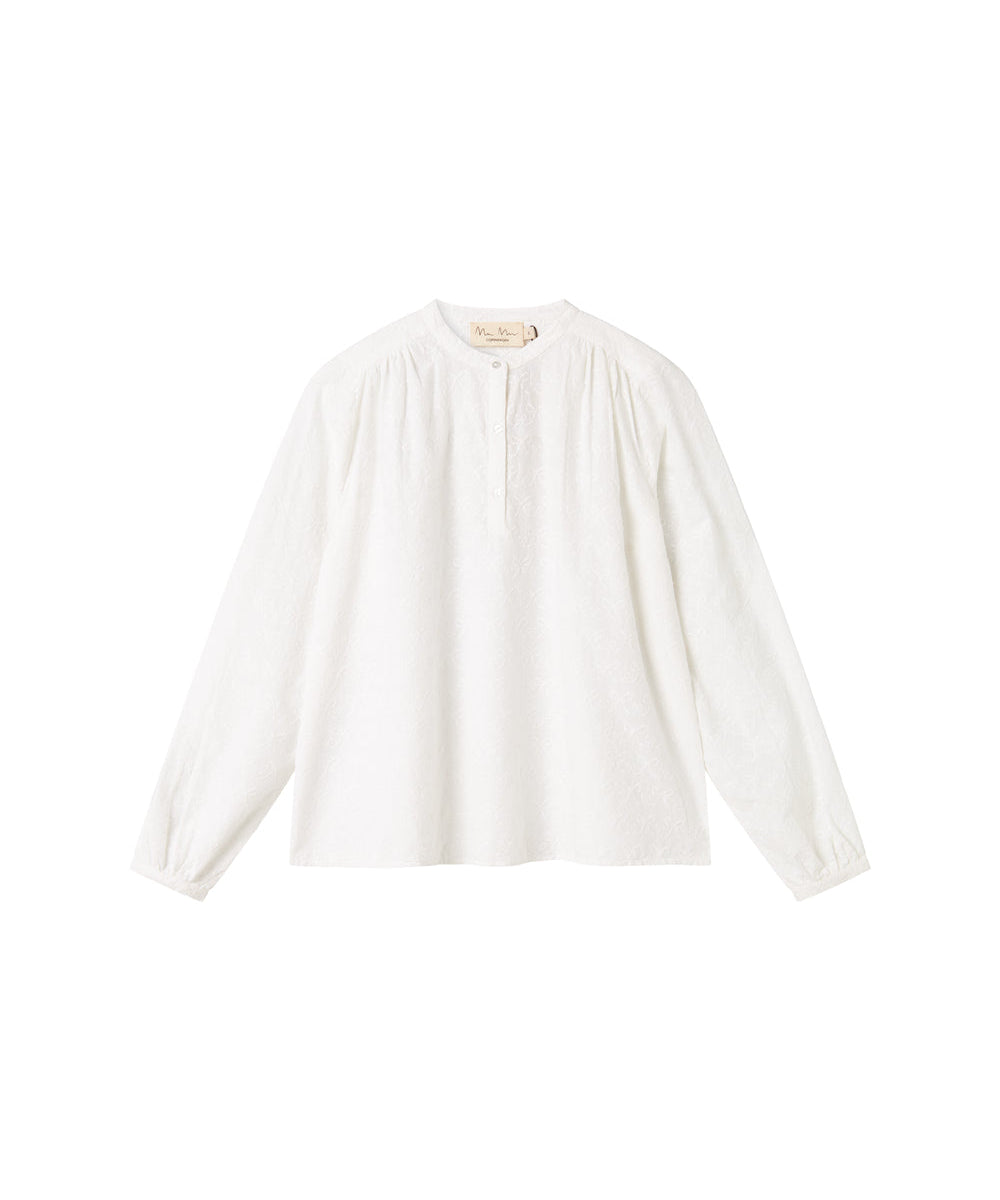 Hvid skjortebluse med lange ærmer og broderede detaljer