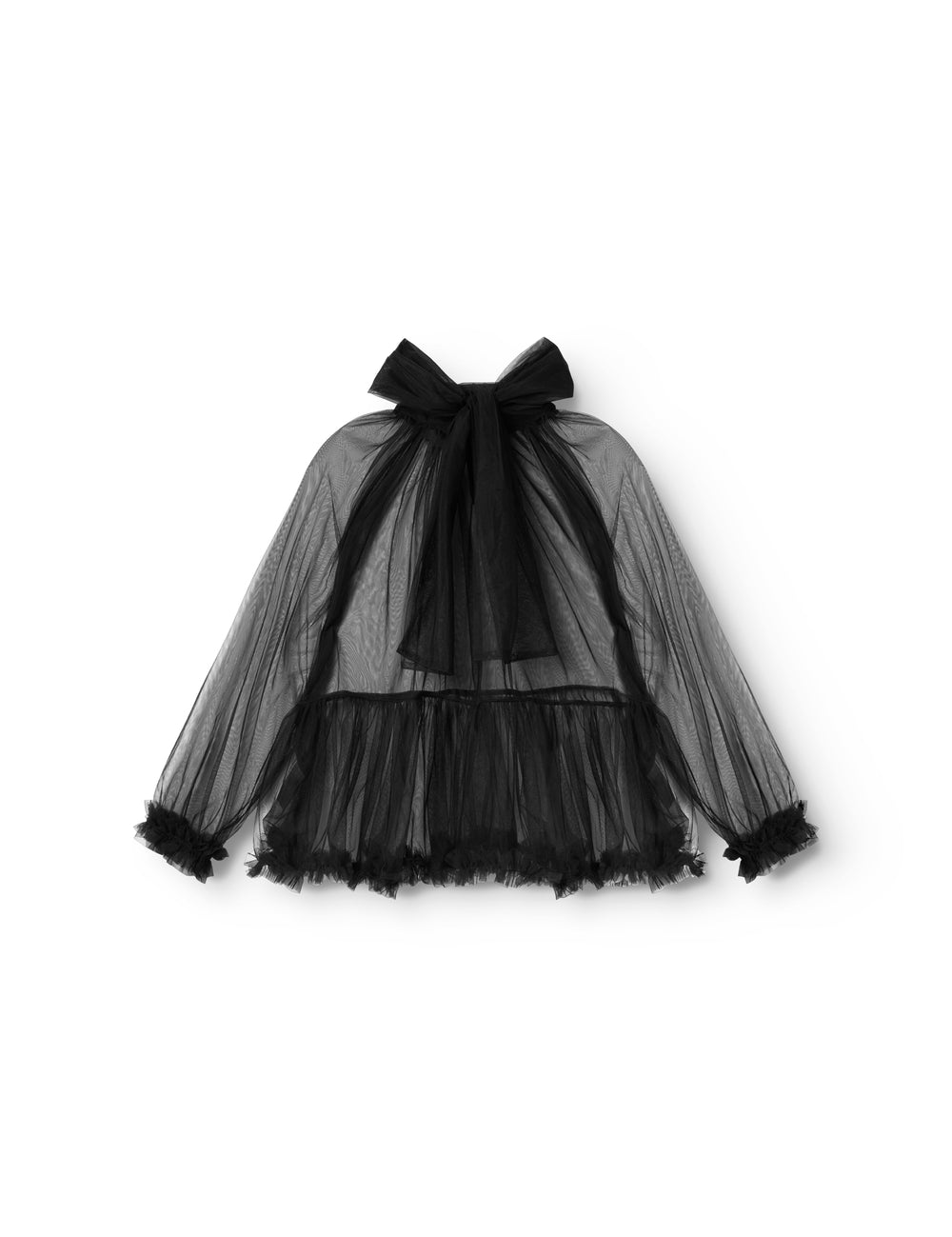 Sort damebluse i tyl med stor sløjfe i halsen og flæser ved ærmer og kant.