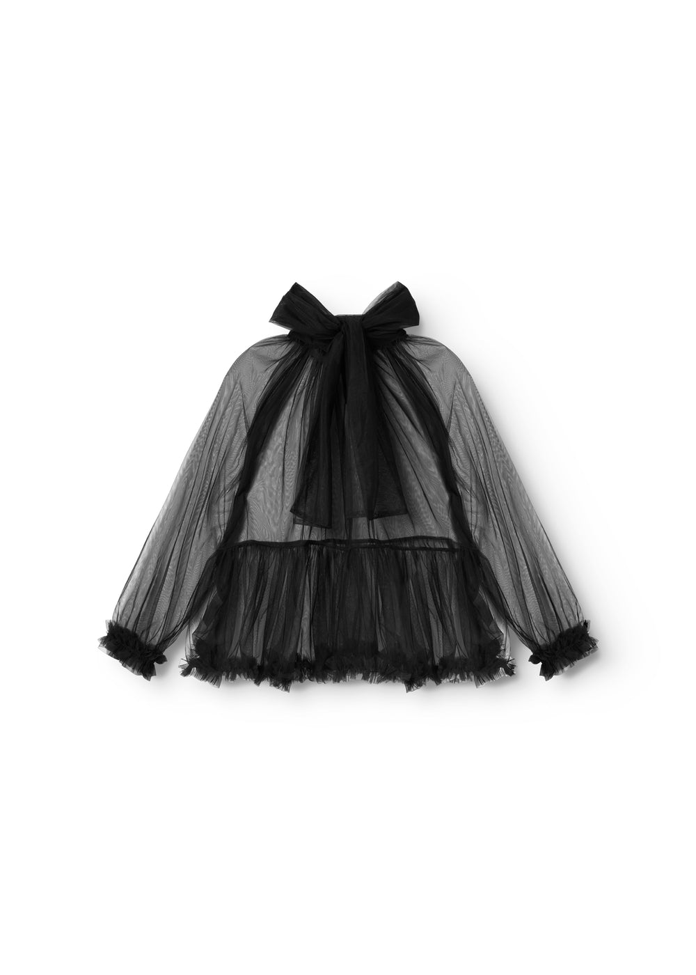 Sort damebluse i tyl med stor sløjfe i halsen og flæser ved ærmer og kant